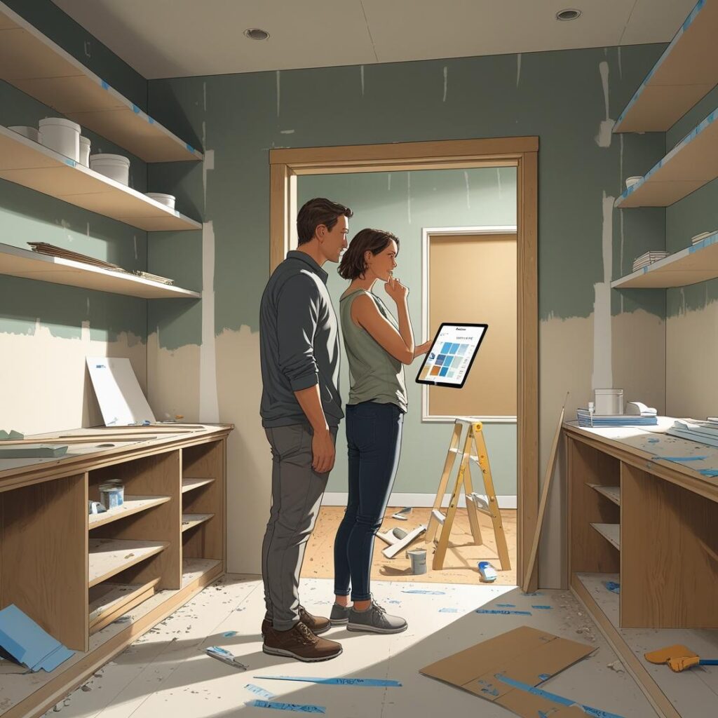 A thoughtful couple stands inside a partially renovated Charlotte home, reviewing plans and evaluating renovation loan options.