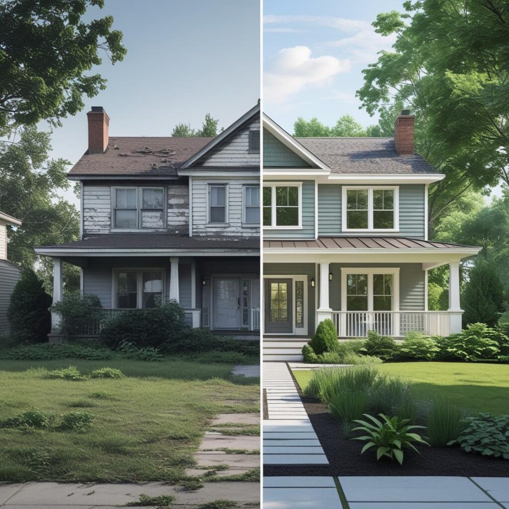 Split view of a single-family home in Charlotte, NC, showing the before and after transformation made possible through a fix and flip loan.