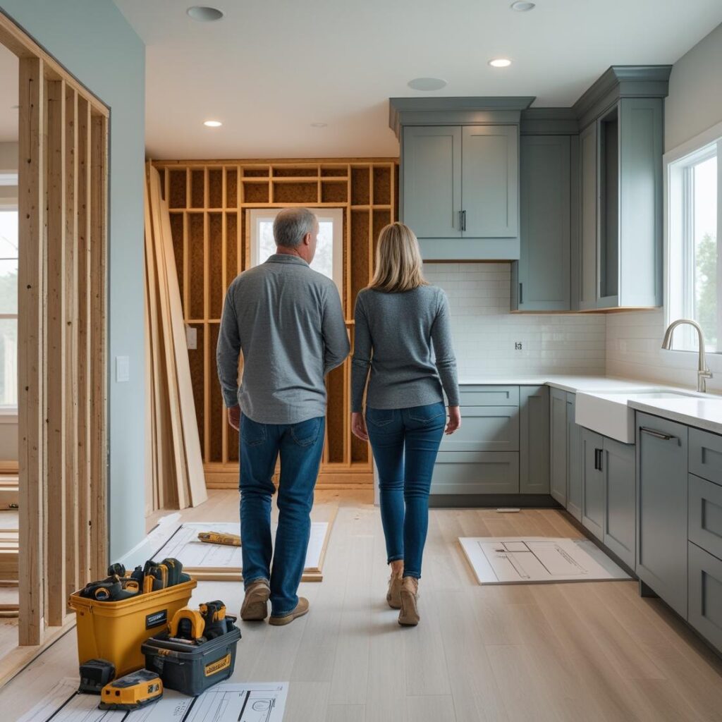 A Charlotte homeowner walking through a partially renovated home, reviewing floor plans for upgrades financed with a renovation loan.