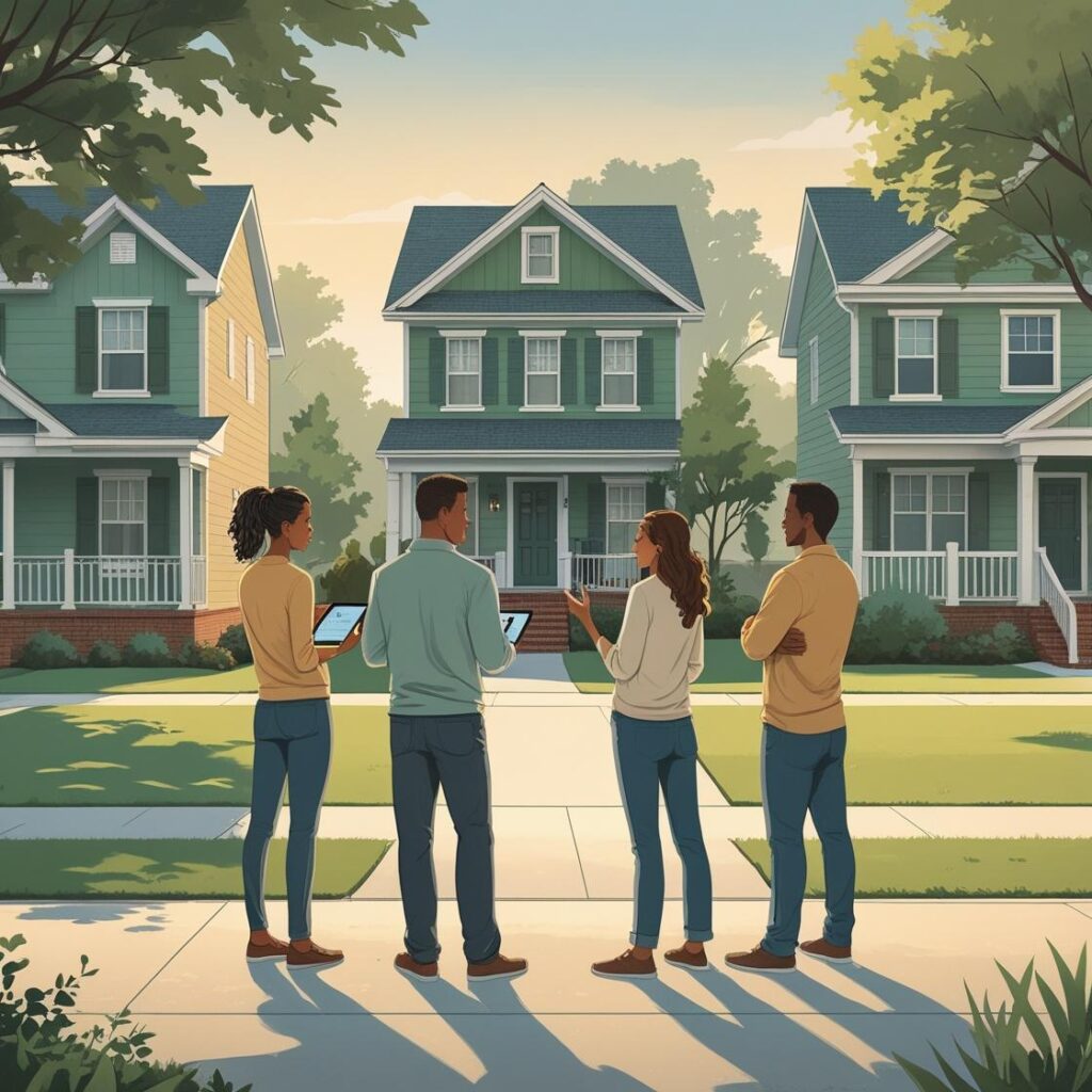 Diverse group of homebuyers evaluating USDA-eligible properties in suburban Charlotte, NC, considering low down payment loan options.