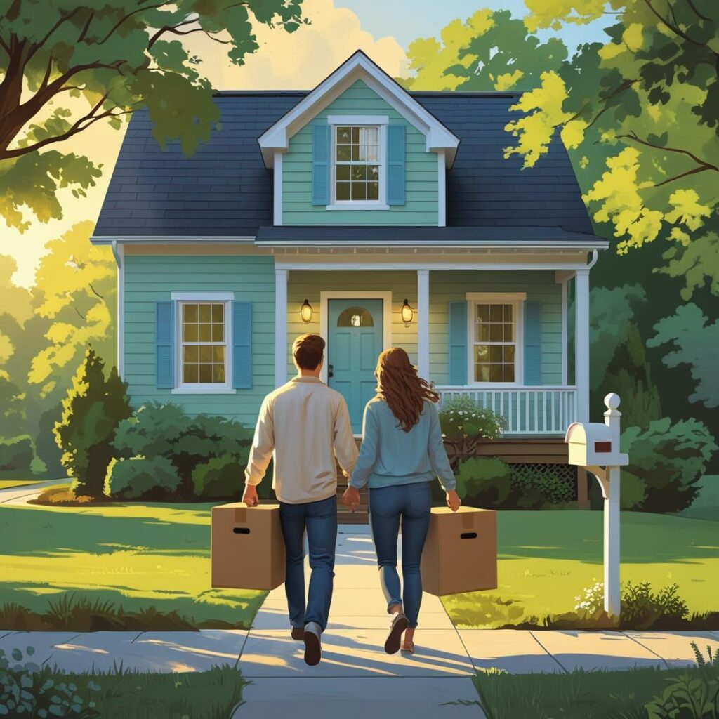Young couple seen from behind walking into their new home in Charlotte, NC, purchased with a USDA loan and no down payment.