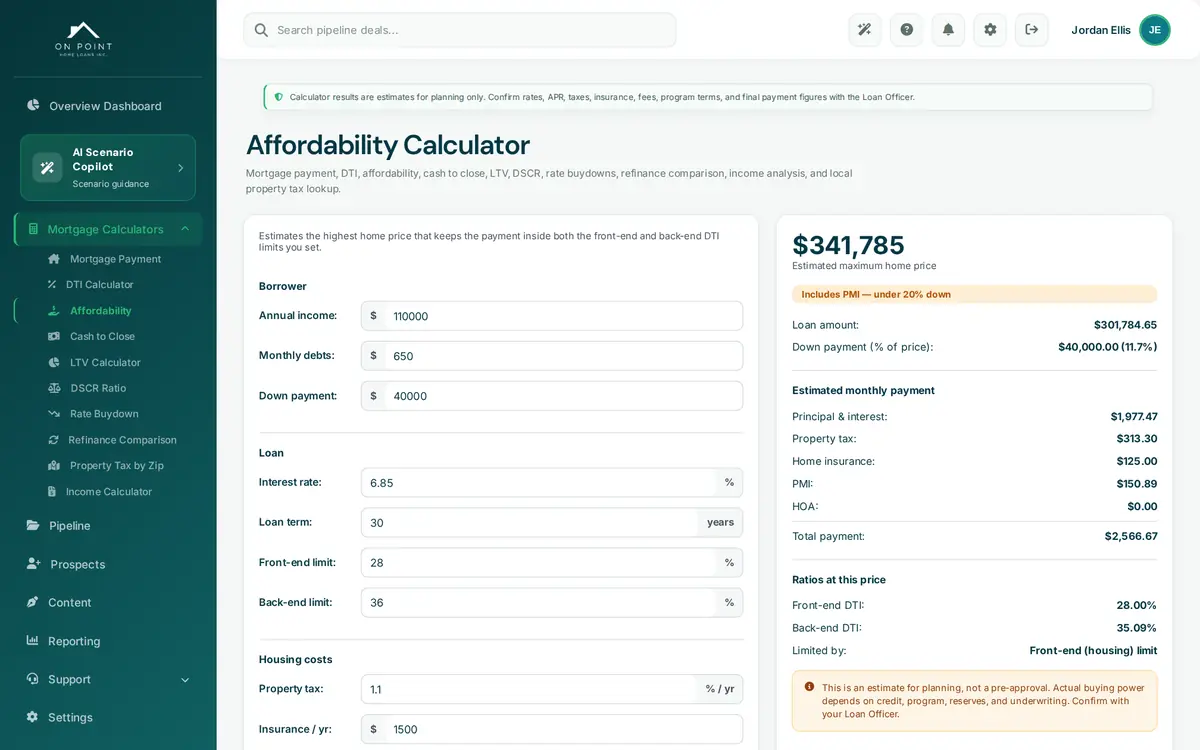 Affordability calculator showing an estimated maximum home price and monthly payment breakdown