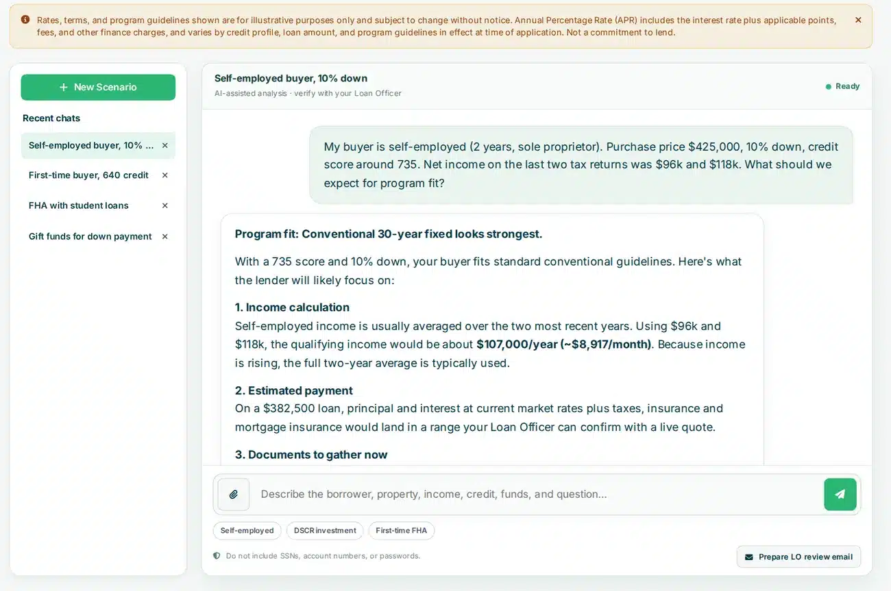 Close-up of a Scenario Copilot answer showing program fit, qualifying income and documents to gather