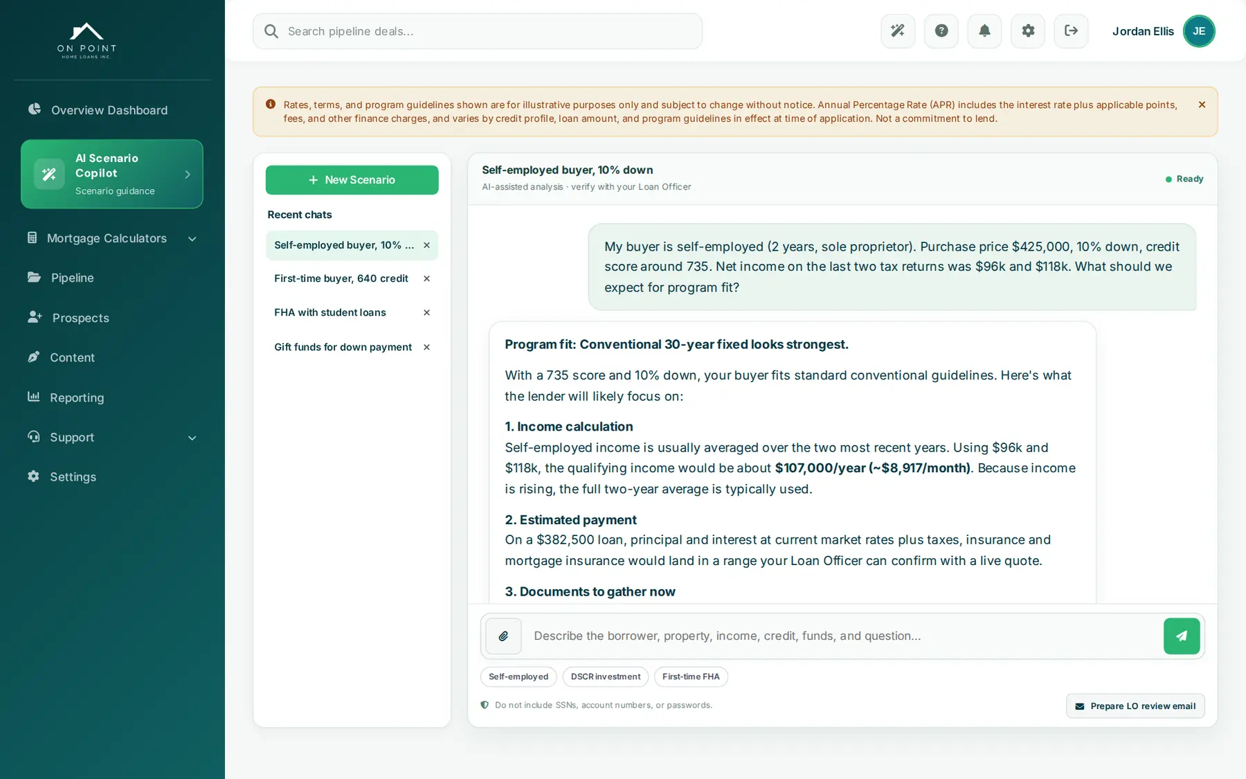 The Scenario Copilot answering a self-employed buyer question with the likely loan program, qualifying income and documents to gather