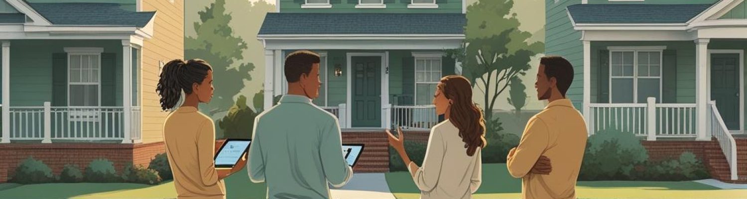 Diverse group of homebuyers evaluating USDA-eligible properties in suburban Charlotte, NC, considering low down payment loan options.